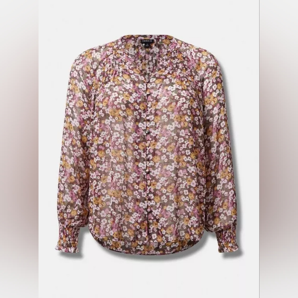 {Torrid} Crinkle Chiffon Smocked Blouson Sleeve Blouse - Picture 5 of 12